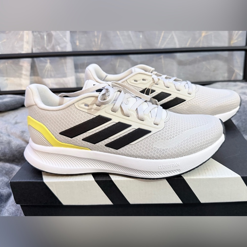 adidas White Sneakers with Black Stripes and Yellow Accent